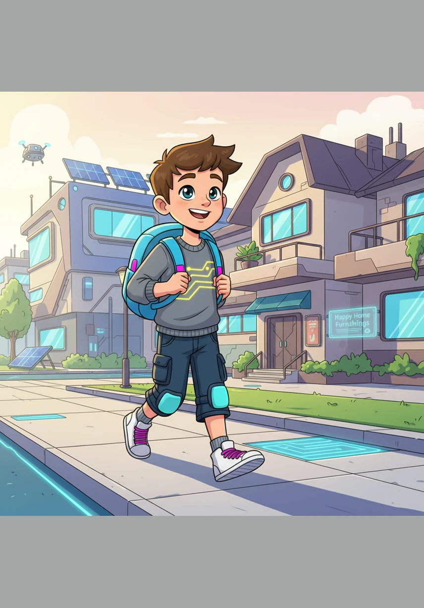Timmy walks briskly down a sunny sidewalk, swinging his bright blue backpack with a wide grin on his face. Behind him, the school building fades into the distance as he heads toward the cozy neighborhood where he lives.