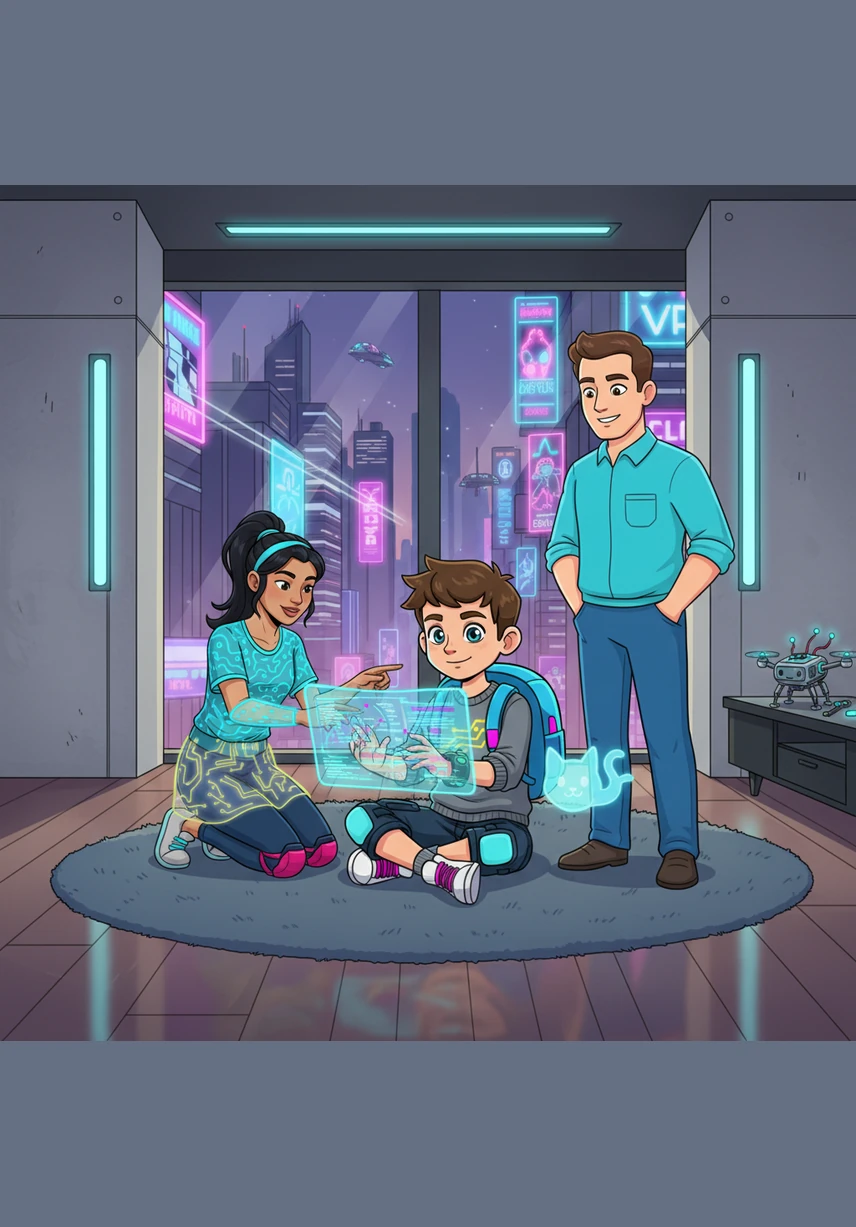 Back at home, Timmy sits on a soft rug in the middle of the living room, resting his chin in his hands. A large, fluffy thought bubble floats above his head, filled with question marks as he ponders the true meaning of a family.