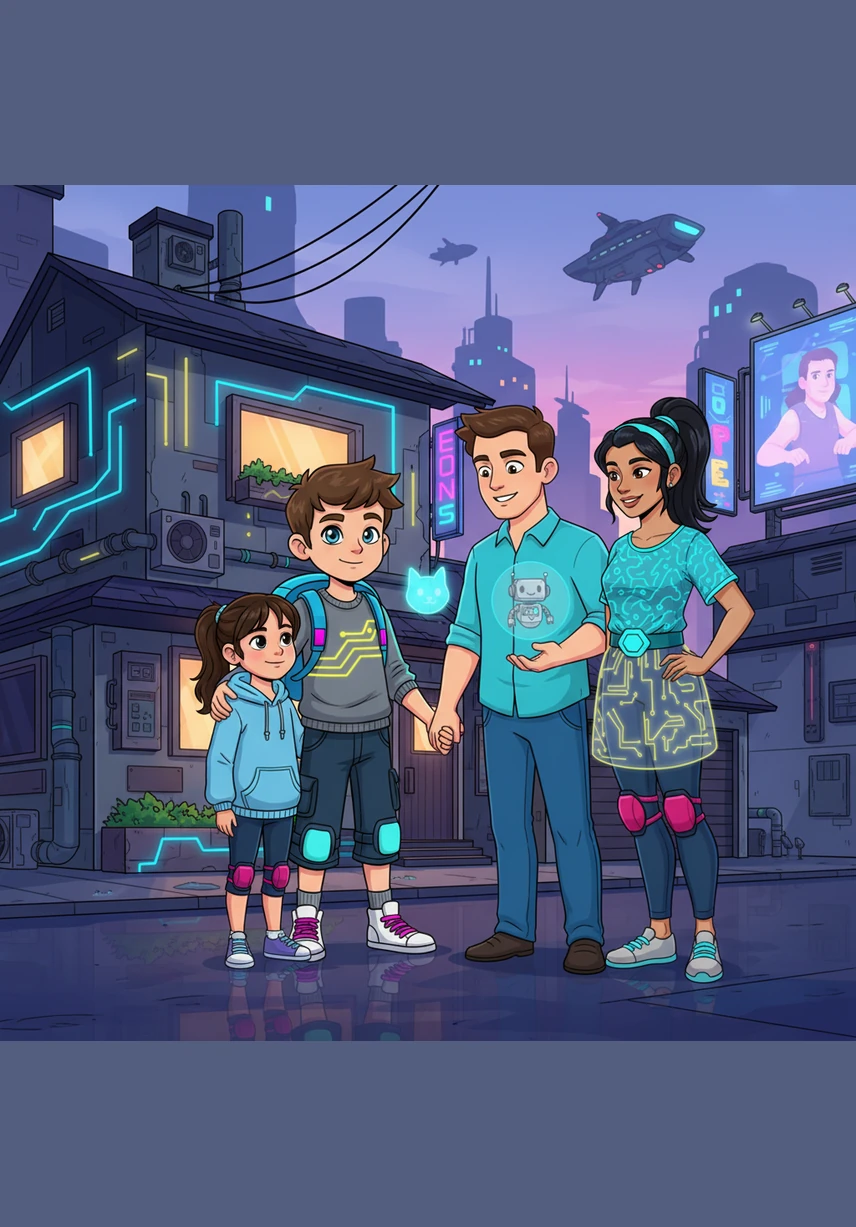 Timmy stands proudly in front of his own house, flanked by his tall, smiling dad, his kind-eyed mom, and his energetic older brother. They stand together as a close-knit group, representing the first family Timmy knows best.