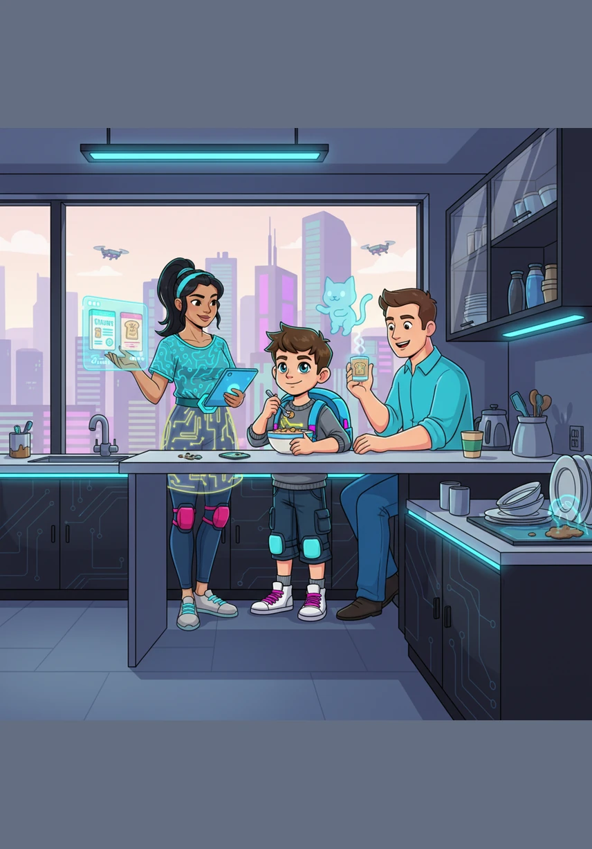 Inside the house, Mom is busy at the stove with a steaming pot, while Dad focuses on his laptop at a small desk. Nearby, Timmy’s older brother patiently helps him tie his shoes, showing how everyone has a special role to play.