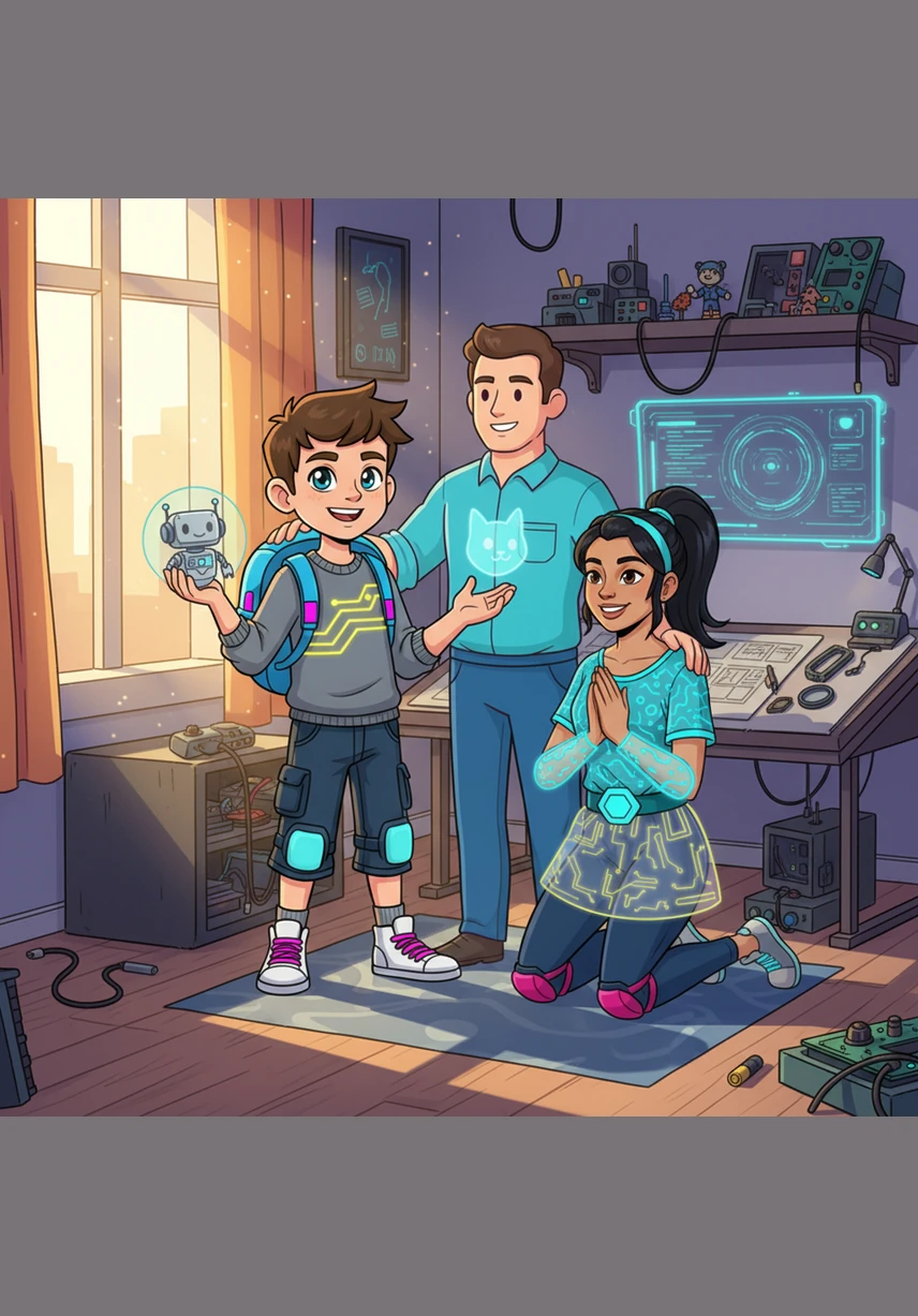 Timmy visits a bright, cheerful apartment where his aunt and young cousin are laughing together while watering a windowsill garden. Though their home is small, it is filled with warmth and the close bond of two people who care for each other deeply.