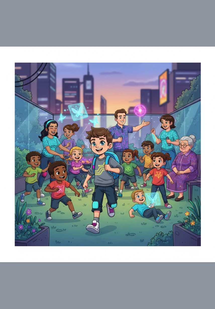 At Grandma’s house, the scene is bustling with energy as several aunts, uncles, and a pack of cousins run around the backyard. Timmy joins in a game of tag, surrounded by the joyful noise of a very large and lively extended family.