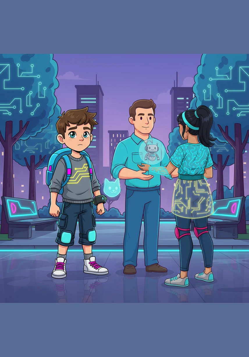 Timmy stops to see his uncle, who is sitting on a bench in the park, holding hands with his young daughter. They share a sweet, quiet moment together, and Timmy learns that families are built on love and choice, especially when a child is adopted.