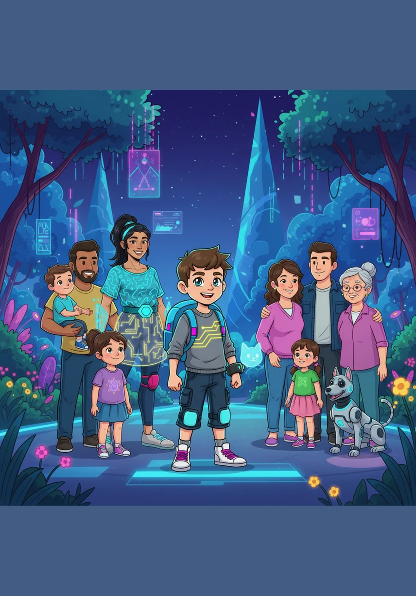 Timmy stands in the center of a beautiful park, surrounded by all the different families he met during his journey. He realizes that whether a family is big or small, traditional or unique, the common thread that holds them all together is love.