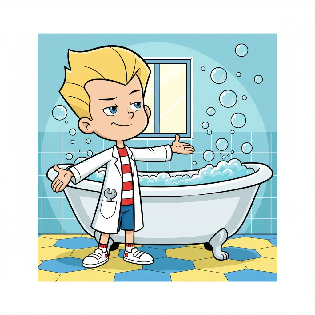 Jimmy Neutron, with a confident, knowing grin, stands beside a bubbling, sparkling bathtub, presenting it with a flourish. His oversized head bobs slightly as he gestures, a tiny wrench peeking from his lab coat pocket, ready for any 'slight adjustment' needed.