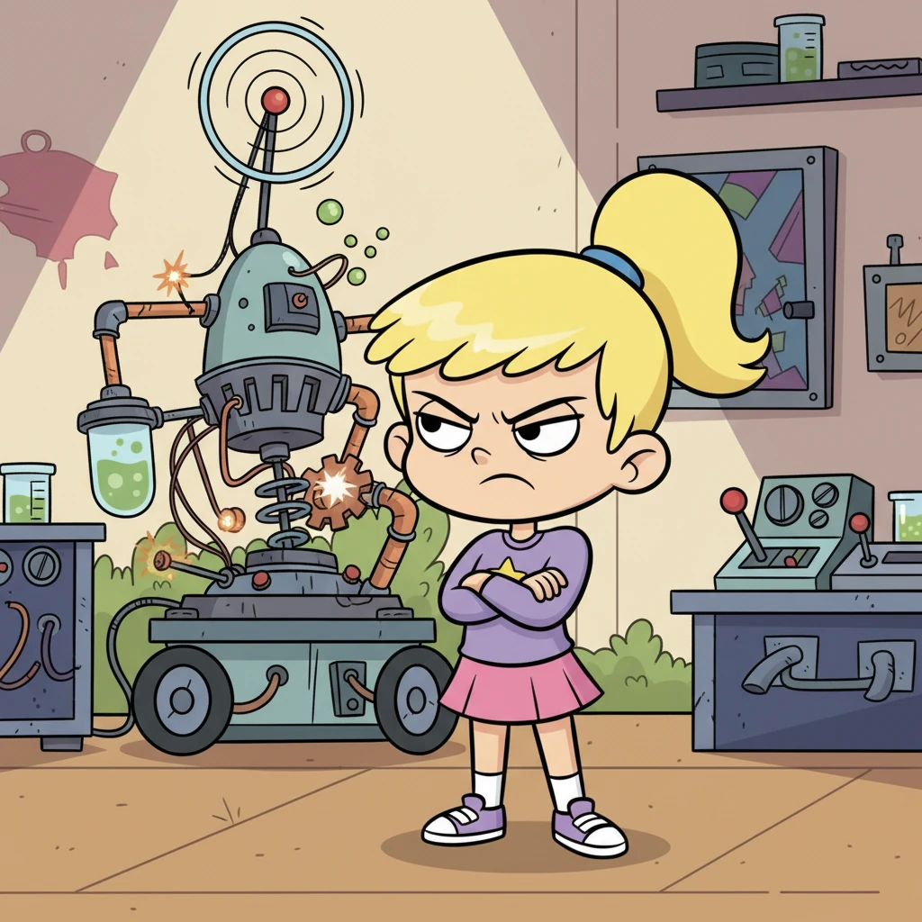 Cindy Vortex stands with her arms crossed, a stubborn pout on her face, shaking her head emphatically. Her usually neat ponytail is slightly askew, reflecting her resolute refusal, as she stares down Jimmy's grand presentation.