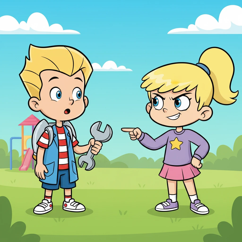 Cindy, quick-witted, points a finger directly at Jimmy, a mischievous smirk spreading across her face. Her eyes sparkle with defiance as she cleverly turns his own words against him, suggesting he is the one in need of a good scrub.