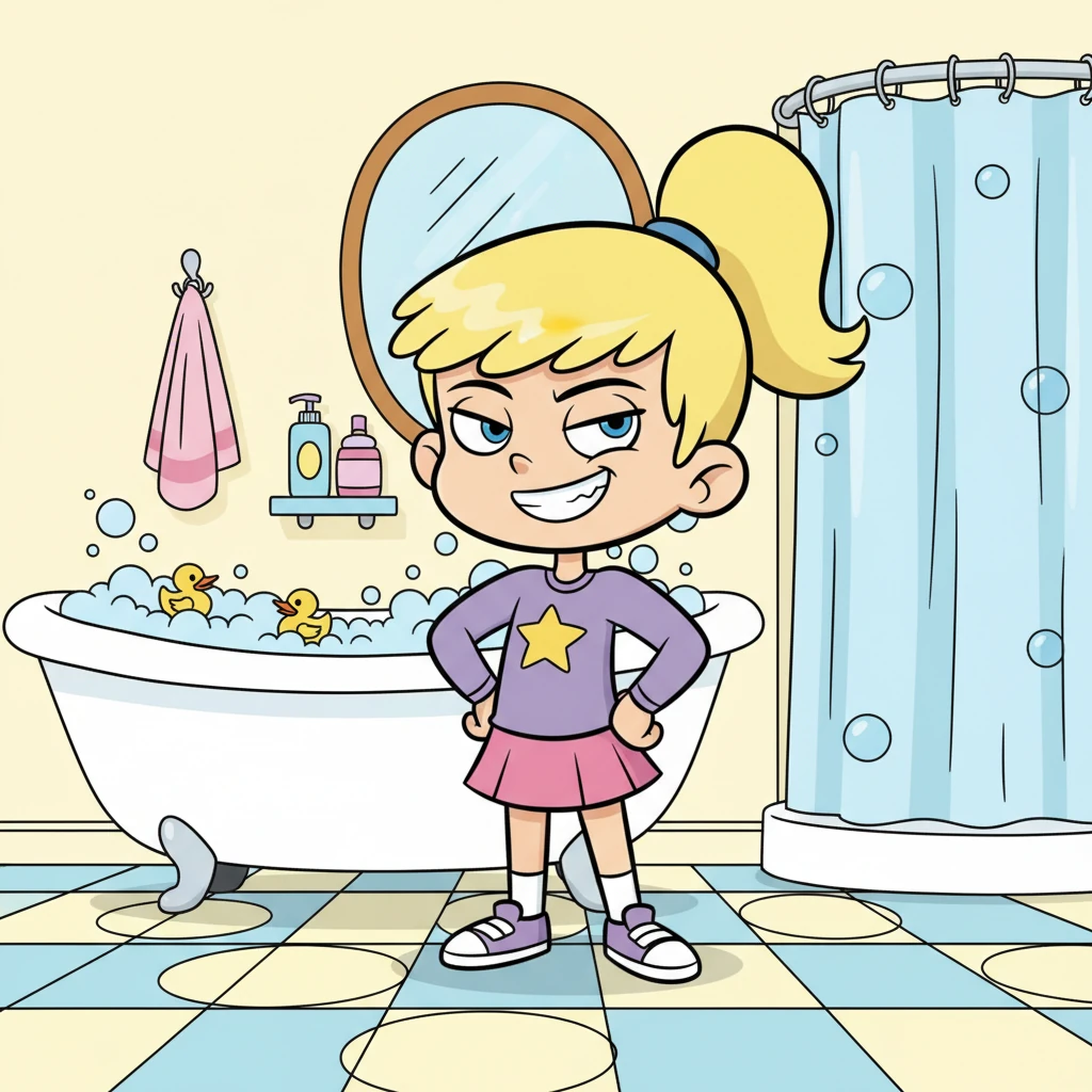 Cindy, with a triumphant grin, places her hands on her hips, feeling quite pleased with herself. She gloats, emphasizing her ability to take a bath, subtly highlighting Jimmy's current predicament.