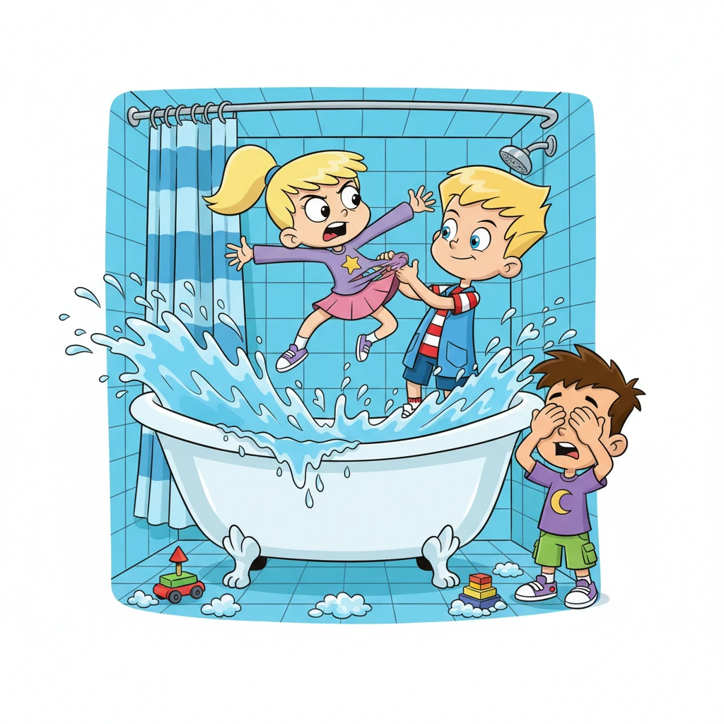 Chaos erupts! Cindy flails wildly, her clothes tearing as Sheen, with surprising speed, lifts her towards the tub. Carl Wheezer, covering his eyes with both hands, peeks through his fingers as a colossal splash engulfs the bathroom, Cindy now submerged.