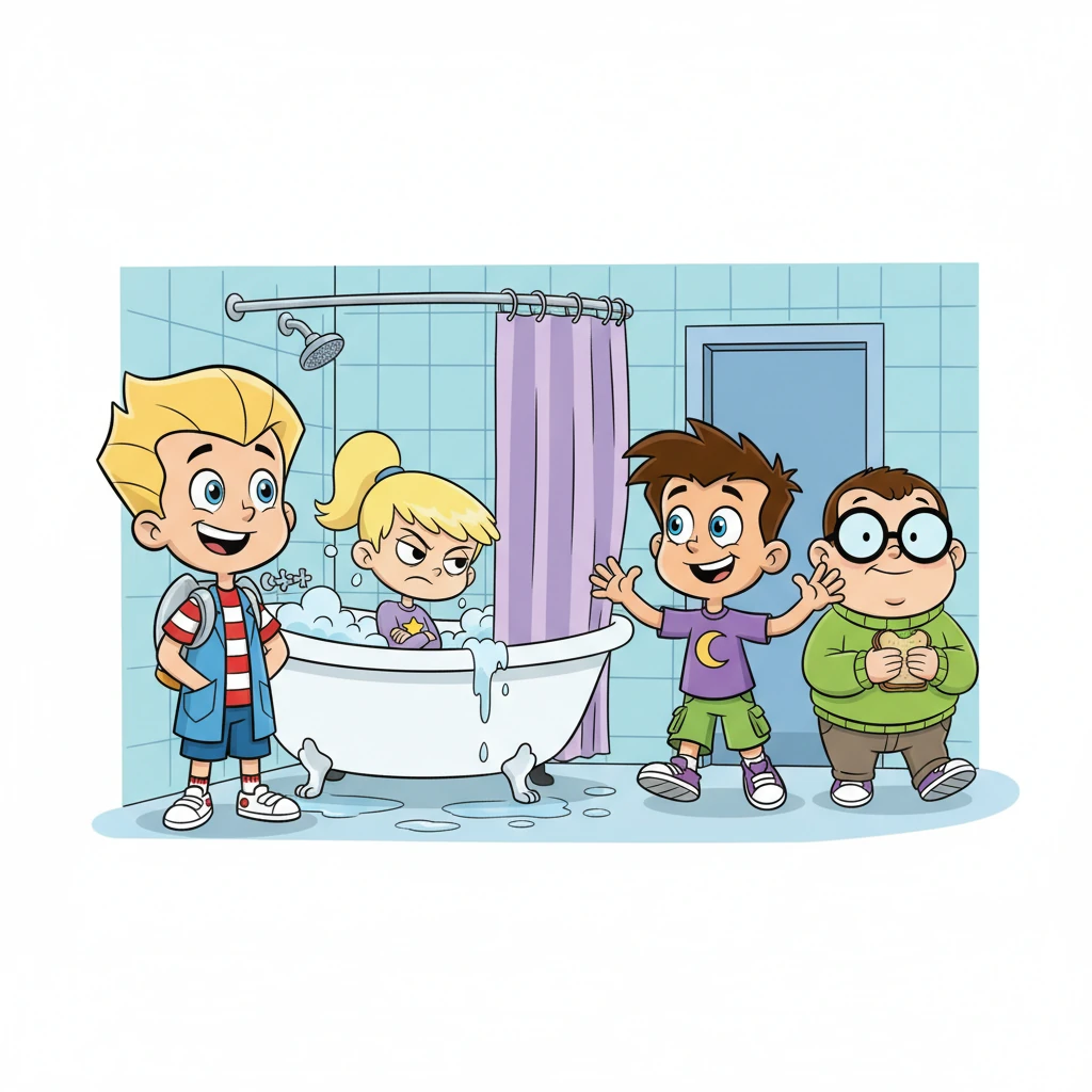 Sheen stands proudly beside the tub, beaming, while Jimmy and Carl stride out of the bathroom, waving cheerfully. Cindy, now soaking wet in the tub, glares after them, muttering about her sister's predictions.
