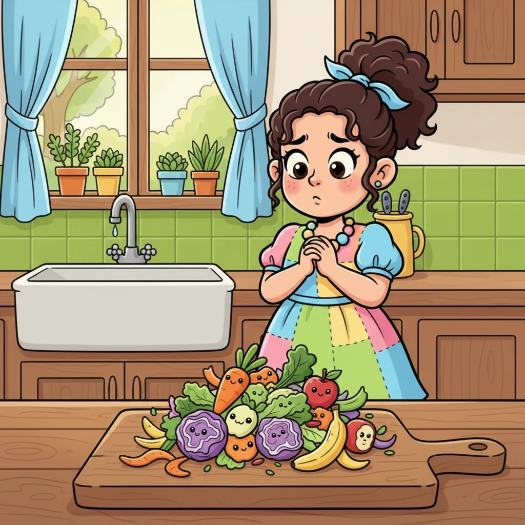 Lina, seorang gadis kecil dengan mata berbinar dan pita rambut ceria, berdiri di depan tumpukan sisa makanan di dapur. Ia tampak berpikir keras, kepalanya sedikit miring, seolah ada ide besar yang baru saja muncul. Ilustrasi menunjukkan sisa kulit buah dan sayuran yang berwarna-warni dengan ekspresi lucu.