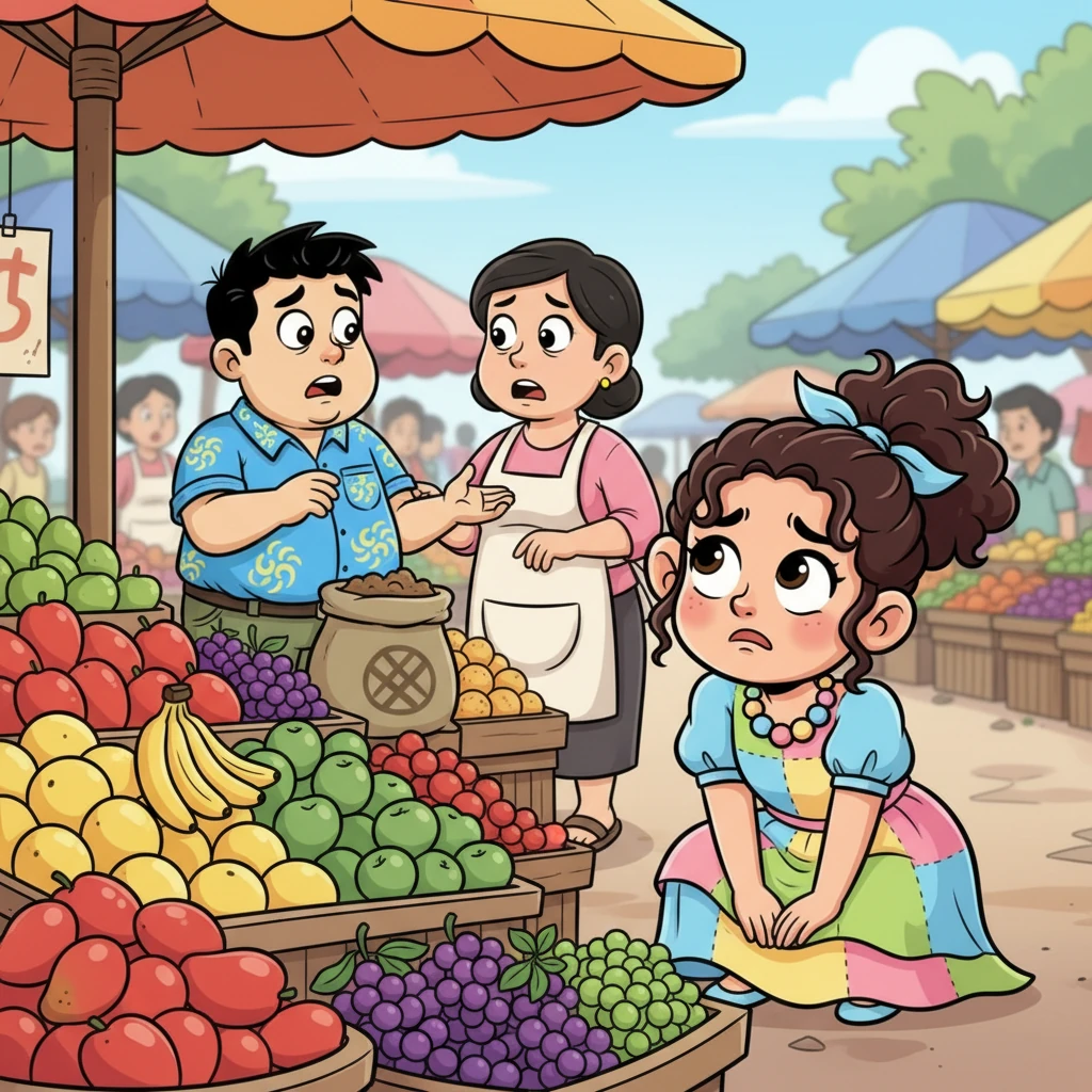 Di pasar ramai, Lina bersembunyi di balik tumpukan buah, telinganya mencuri dengar percakapan para pedagang dewasa. Mereka tampak cemas berbicara tentang betapa banyak 'ampas makanan' yang masih harus diimpor dari negeri jauh. Wajah Lina menunjukkan kebingungan dan sedikit kesedihan yang berlebihan.