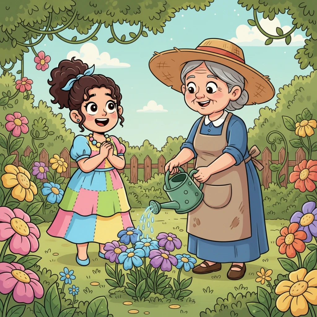 Lina mengunjungi Nenek Sari, seorang wanita tua bijaksana dengan senyum hangat, yang sedang menyirami kebunnya yang rimbun. Nenek Sari memiliki topi jerami besar dan celemek bercak tanah. Lina dengan antusias bertanya, 'Nenek, apa itu ampas makanan?'