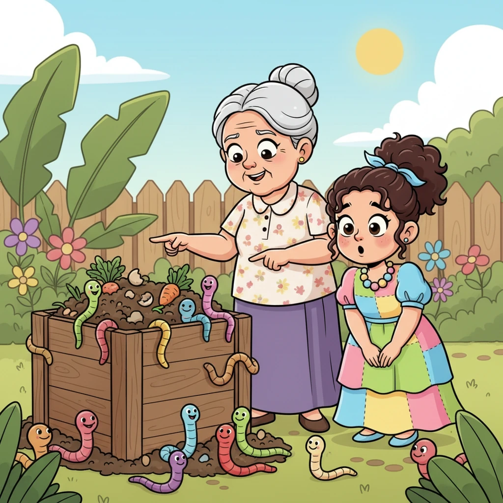Nenek Sari menunjuk ke sebuah kotak kayu besar yang penuh dengan sisa-sisa makanan, dikelilingi oleh cacing tanah yang lincah dan berwarna-warni. Ia menjelaskan dengan sabar bagaimana sisa makanan itu berubah menjadi pupuk kompos yang subur untuk tanamannya. Lina menatap cacing-cacing itu dengan takjub, matanya membesar dan mulutnya sedikit terbuka.