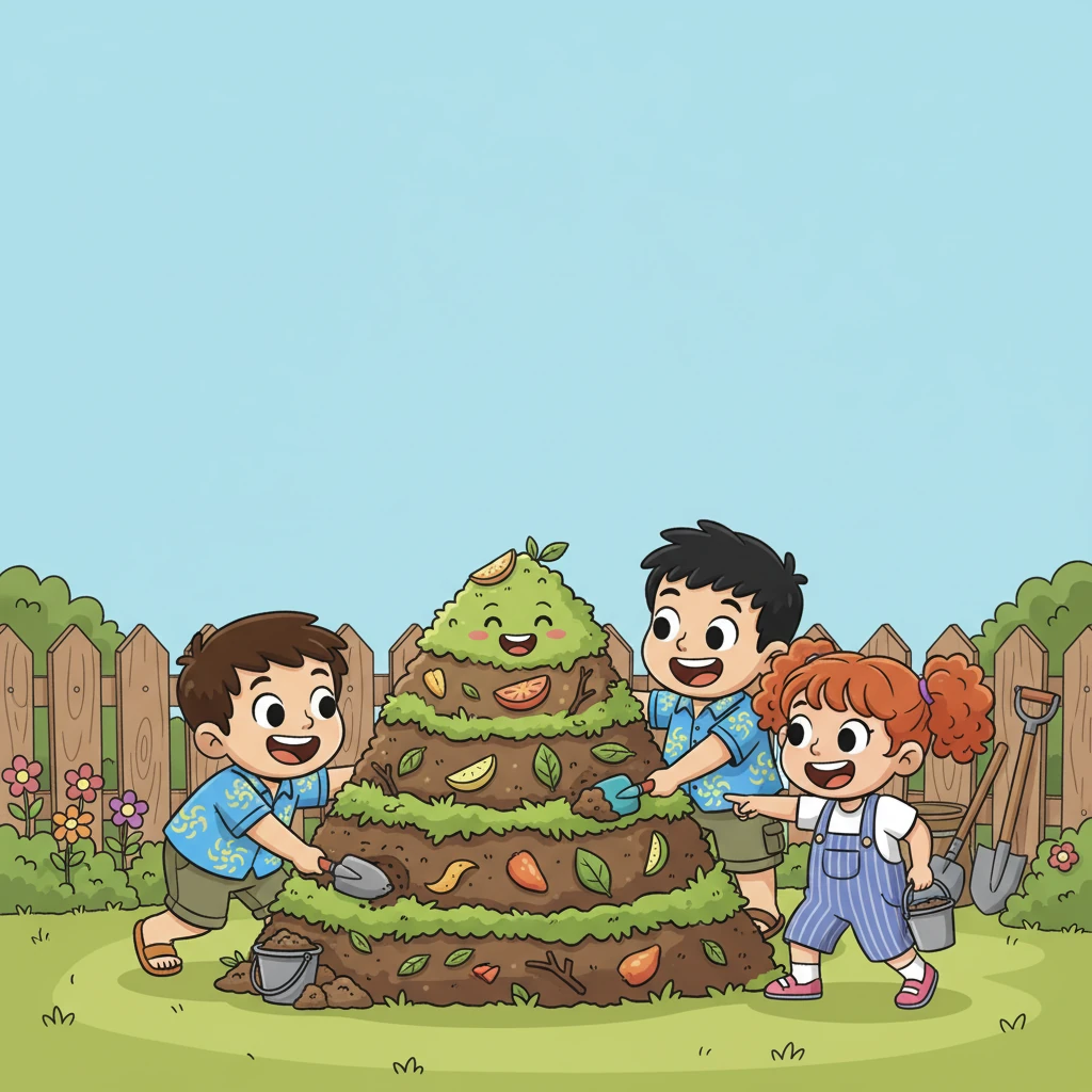 Bersama teman-temannya yang bersemangat, Lina membangun tumpukan kompos raksasa di sudut taman lingkungan. Mereka menggunakan sekop mainan dan ember mini, bekerja sama dengan wajah penuh tawa dan semangat. Tumpukan kompos mereka berbentuk gunung kecil yang lucu dan berwarna-warni.