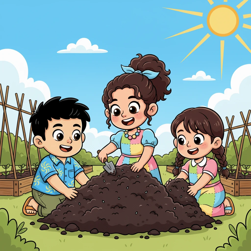 Beberapa waktu berlalu, dan tumpukan kompos itu kini telah berubah menjadi tanah hitam yang subur dan kaya. Lina dan teman-temannya dengan bangga menyebarkan tanah kompos itu di kebun komunitas, menanam benih-benih kecil dengan harapan besar. Matahari bersinar cerah di atas mereka, memancarkan kehangatan.