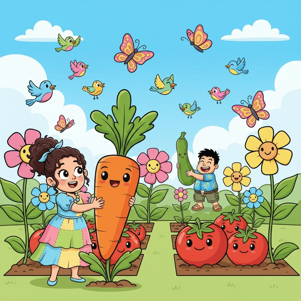 Kebun komunitas tumbuh subur dengan sayuran dan buah-buahan raksasa yang berwarna-warni, jauh lebih besar dari biasanya. Wortel-wortel tersenyum, tomat-tomat bulat gemuk, dan bunga-bunga mekar ceria. Burung-burung dan kupu-kupu menari di sekitar tanaman yang melimpah dengan riang gembira.