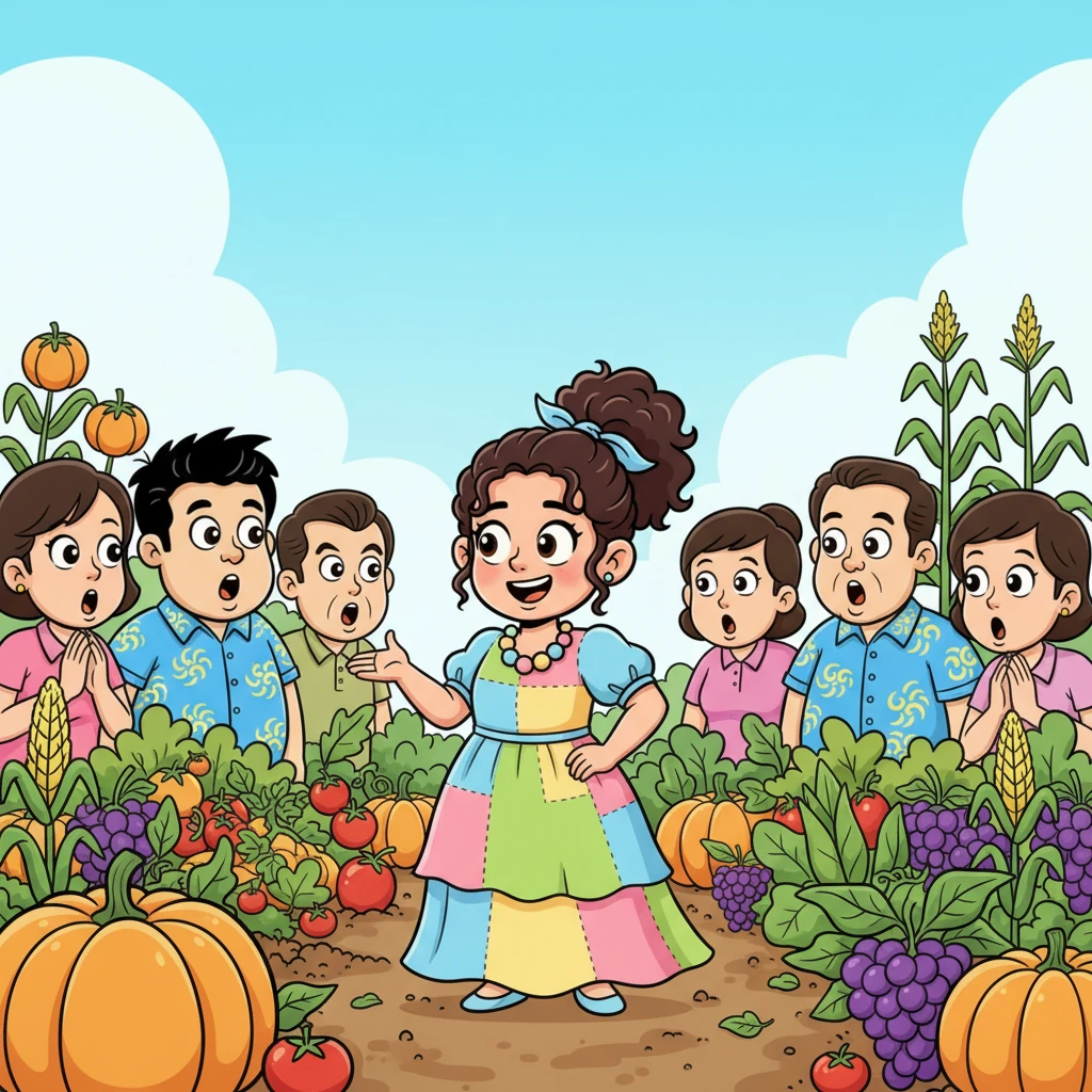 Orang-orang dewasa yang dulu khawatir tentang impor kini berkumpul, terheran-heran melihat hasil panen yang melimpah ruah. Lina menjelaskan dengan bangga bagaimana sisa makanan mereka sendiri menjadi rahasia kebun yang subur ini. Ia menunjuk ke tanaman-tanaman dengan senyum lebar dan pose kemenangan.