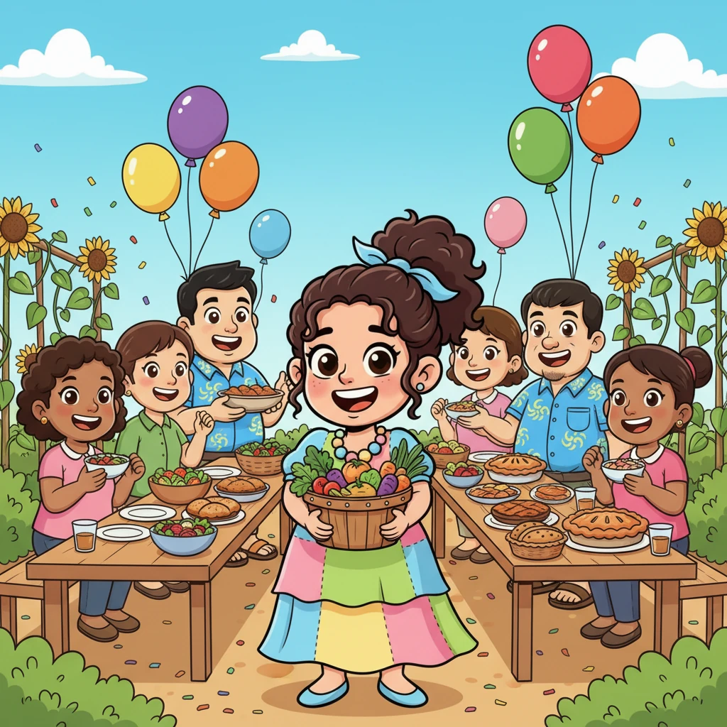 Seluruh desa merayakan panen raya dengan pesta kebun yang meriah, penuh tawa dan hidangan lezat dari kebun komunitas. Lina berdiri di tengah keramaian, dikelilingi teman-teman dan tetangga yang tersenyum, menunjukkan bahwa 'ampas makanan' bisa menjadi harta yang tak ternilai. Balon-balon berwarna-warni melayang di langit yang cerah.