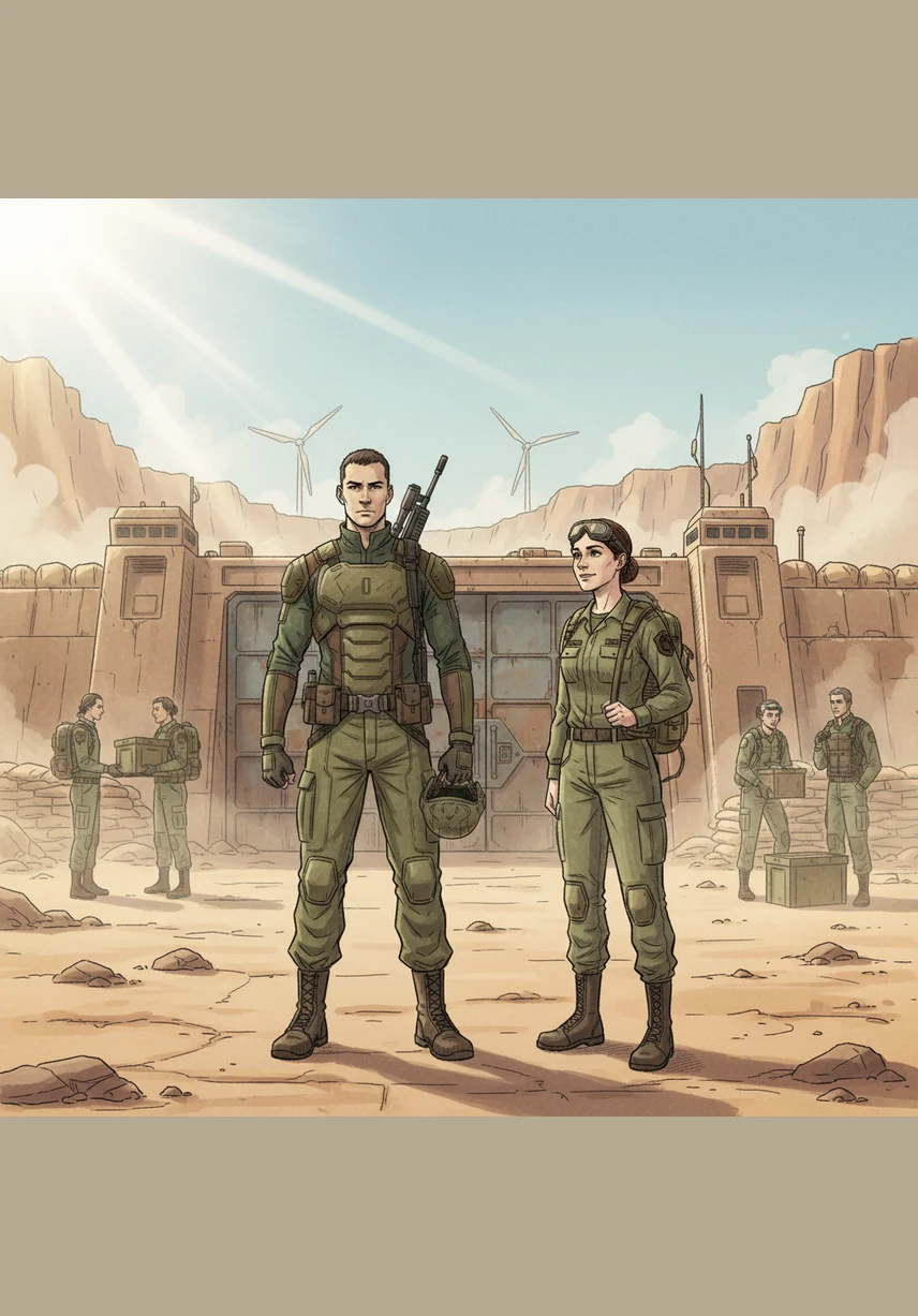 עמית עמד בשערי הבסיס המדברי המבודד, מרגיש את החום העולה מהקרקע ואת דפיקות הלב המהירות. הוא הגיע לקורס המיוחד פיזיקה קרבית, מקום שבו המוח הוא הנשק העוצמתי ביותר. סביבו, חולות זהובים נמתחו עד האופק, מחכים להיכבש על ידי ידע וסקרנות.