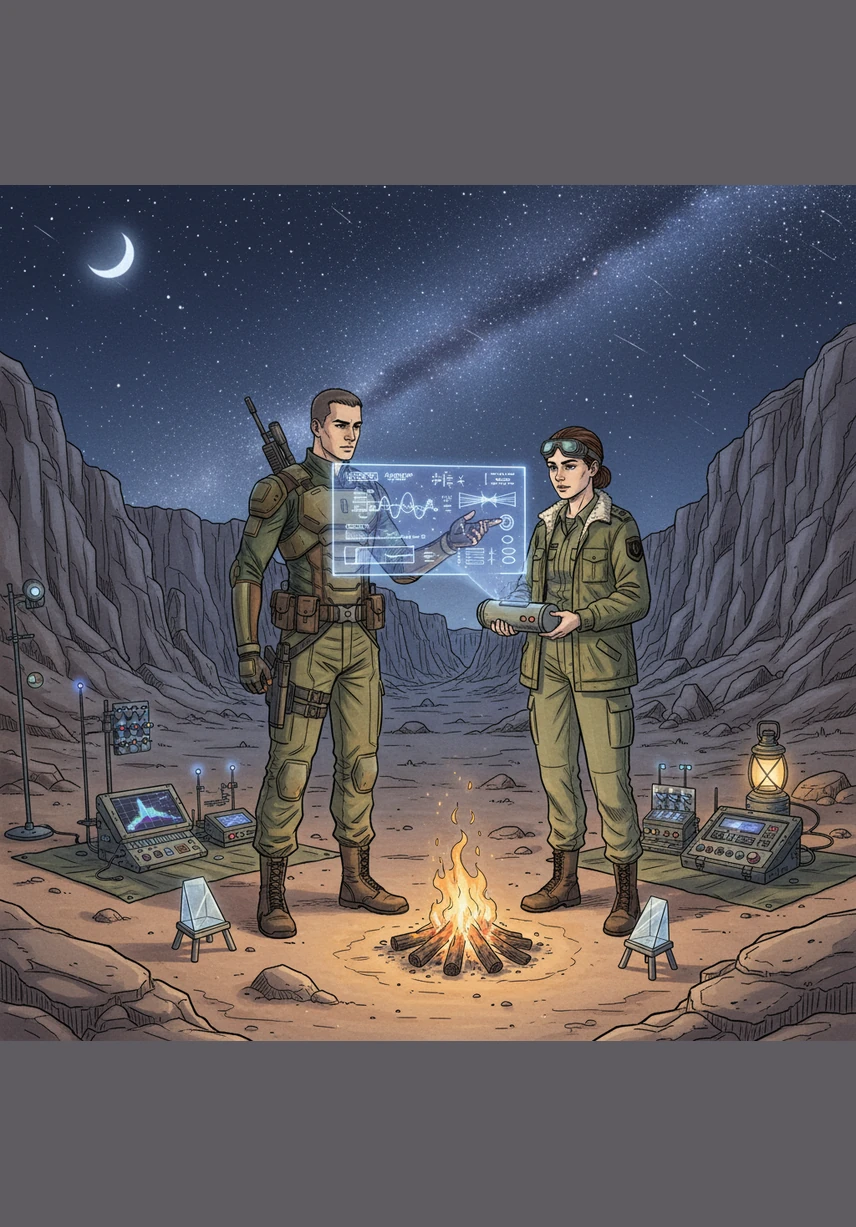 הלילה ירד על המדבר, ועמית למד על ספקטרום האור והחזרת גלים אלקטרומגנטיים. דרך משקפת תרמית מתקדמת, הוא ראה את העולם בצבעים של חום ואנרגיה, מבין את הפיזיקה שמאחורי הנסתר מהעין האנושית. השמיים מעליו זרחו במיליוני כוכבים, וכל אחד מהם נראה כעת כמו שיעור מרתק בפיזיקה אסטרונומית.