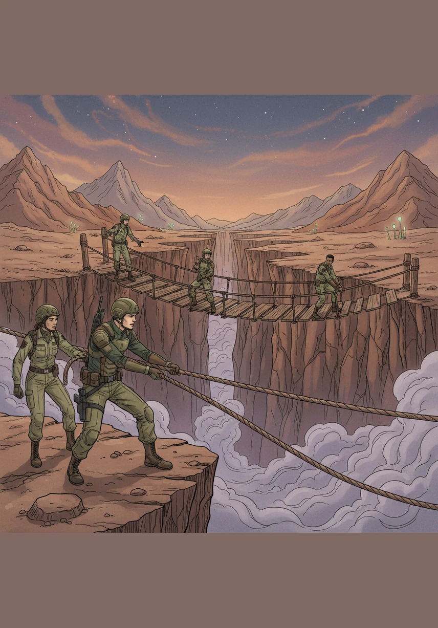 הצוות קיבל משימה לבנות גשר חבלים מעל קניון עמוק תוך שימוש בעקרונות של מתיחות וחלוקת משקלים. עמית הנחה את חבריו היכן בדיוק לקשור את הקשרים כדי למקסם את היציבות והעמידות של המבנה. כשהם חצו את הגשר בבטחה אחד אחרי השני, תחושת הסיפוק המשותפת הייתה חזקה יותר מכל כוח פיזי.