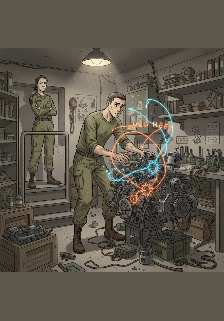 במעבדה הקטנה והצפופה בבונקר, עמית בהה במנוע מפורק והבין סוף סוף את המשמעות העמוקה של חוק שימור האנרגיה. הוא ראה בעיני רוחו איך דלק הופך לתנועה ואיך חום מתפזר במערכת, מרגיש את הקשר ההדוק בין המכונה לאדם. ברגע זה, הפיזיקה הפסיקה להיות אוסף נוסחאות והפכה לשפה שבה הוא חווה את העולם.