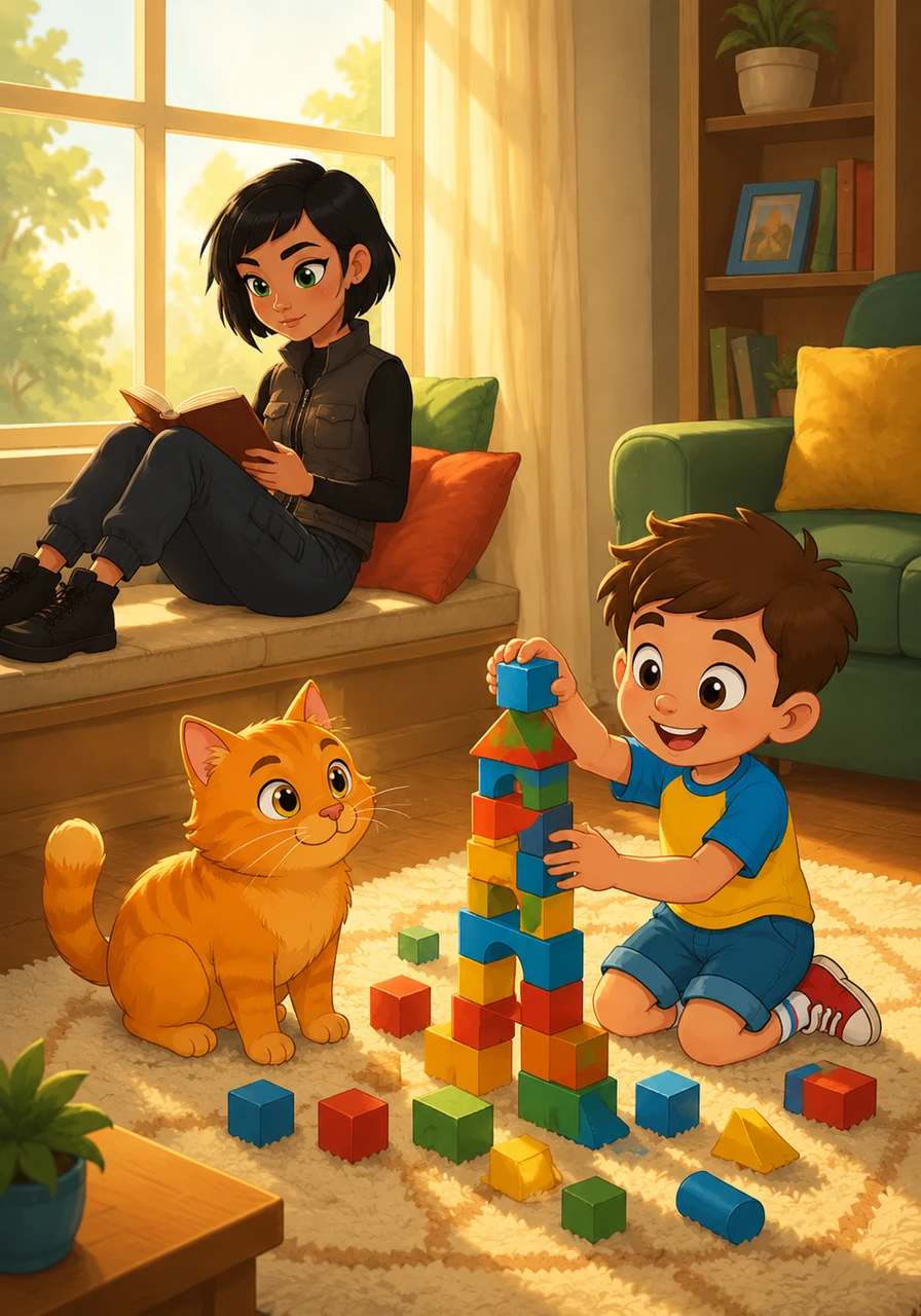 Maya sat quietly by the window with her favorite book, while her little brother Leo built a wobbly tower of colorful blocks on the rug. The morning sun filled their cozy living room with a warm, golden glow, highlighting the peaceful start to their day.
