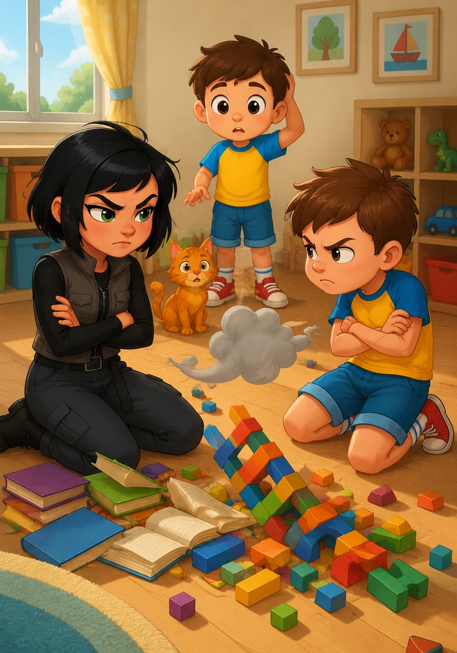 When Leo’s tower tumbled over and accidentally knocked into Maya’s books, a small cloud of frustration gathered between them. They exchanged a grumpy look, each wishing for their own space to play without the other getting in the way.