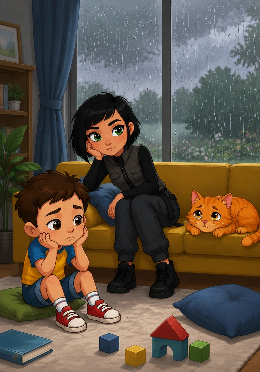 Suddenly, heavy raindrops began to drum against the glass, turning the bright world outside into a gray, watery blur. Their plans to play in the garden were washed away, leaving both children feeling bored and restless inside the quiet house.