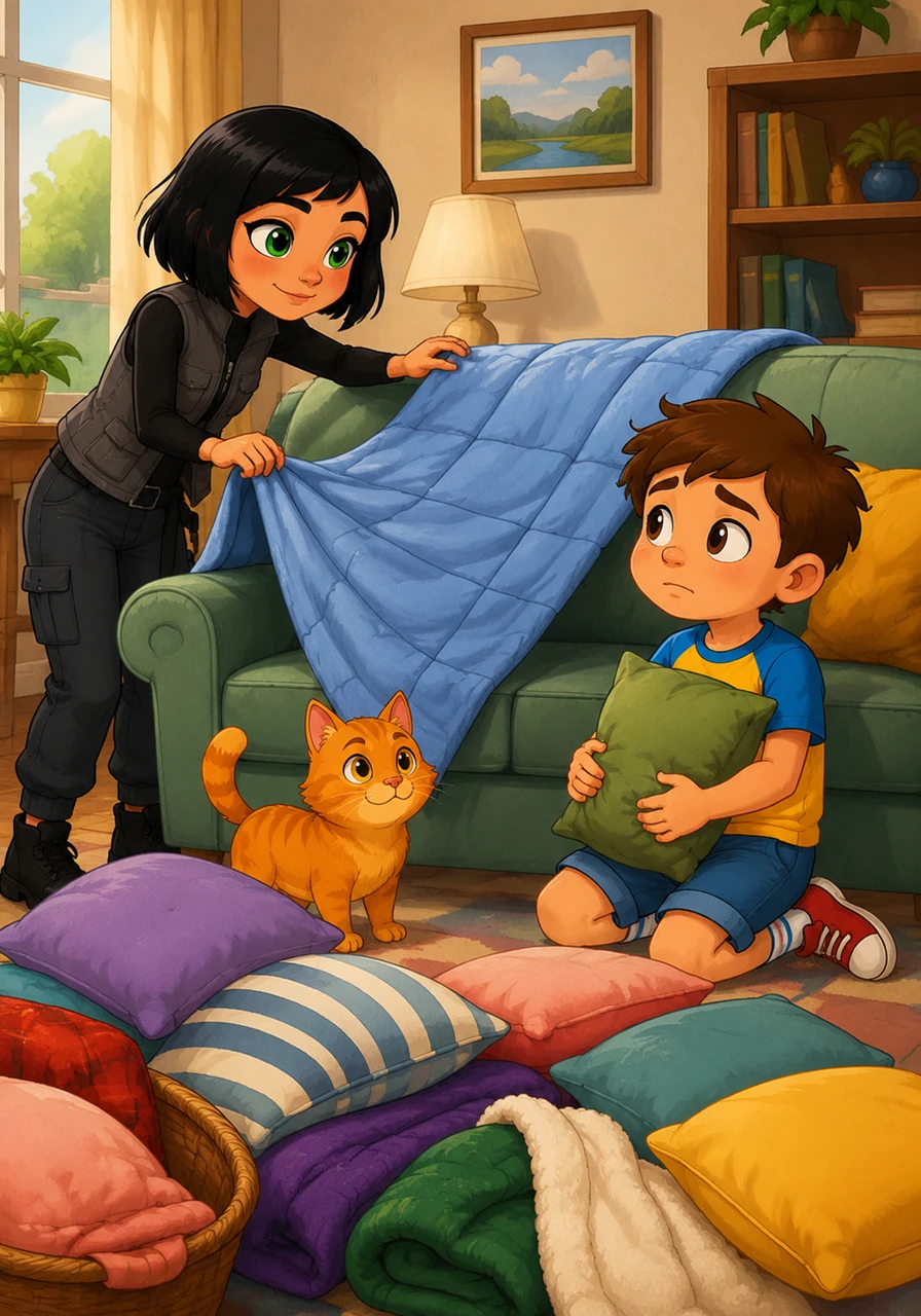 Maya looked at Leo’s sad face and decided to make the best of the day by gathering every blanket and pillow she could find. She draped a soft blue quilt over the back of the sofa, inviting her brother to help her build something special.