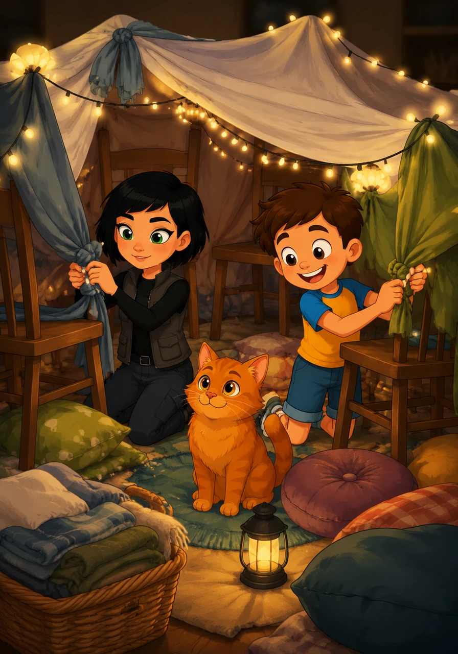 Together, they constructed a magnificent fort held up by tall chairs and secret knots, decorated with a string of twinkling fairy lights. Inside their new hideout, the air felt magical and smelled like fresh laundry and the promise of a great adventure.