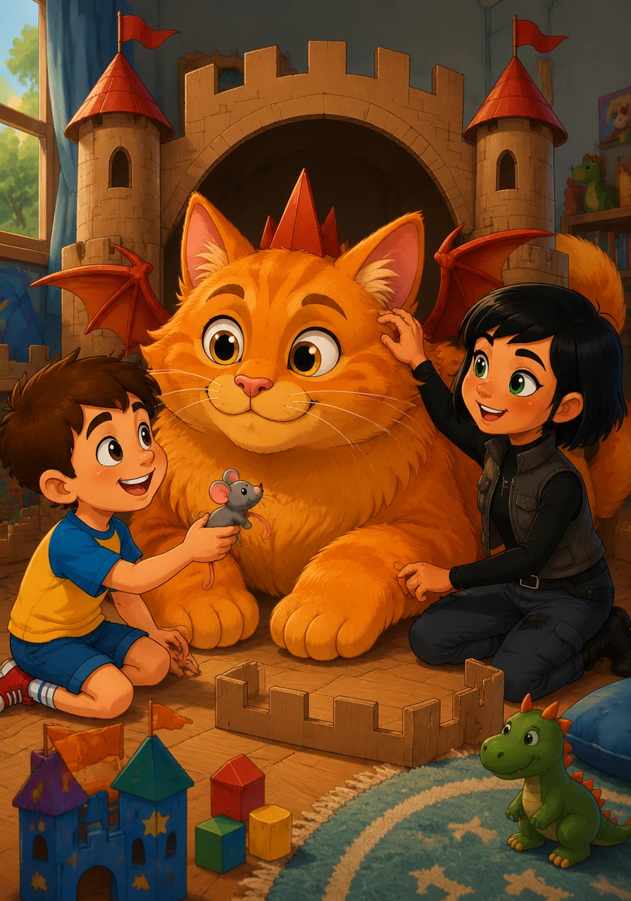 Their ginger cat, Oliver, padded into the room and looked like a giant, friendly dragon guarding the castle gates. Maya and Leo giggled as they tamed the beast by offering him a small toy and a gentle scratch behind the ears.