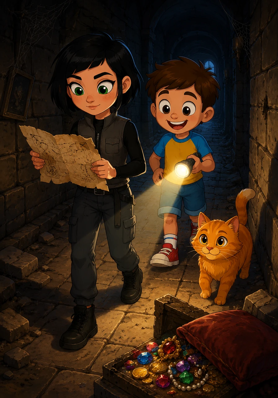 They discovered an old, crumpled map hidden beneath a cushion that pointed the way to a stash of hidden jewels. With Maya leading the way and Leo holding the flashlight, they navigated the treacherous hallway together, side by side.