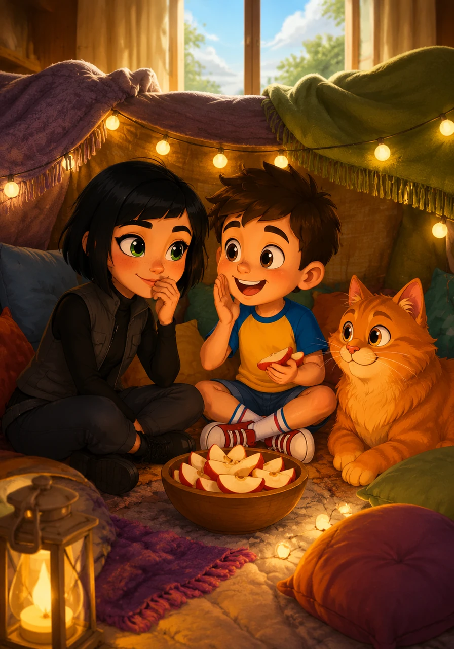 When the rain finally stopped, the siblings sat tucked away in their kingdom, sharing a bowl of apple slices and soft whispers. The earlier grumpiness was long forgotten, replaced by the warmth of a shared secret world that only they knew.
