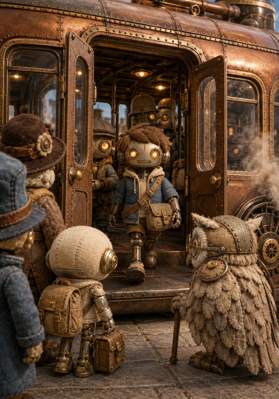 Pip stands before a towering, copper-plated steam bus as the heavy doors hiss open. Instead of pausing at the entrance, he walks straight toward the middle aisle, making sure the doorway remains clear for the other clockwork passengers waiting behind him.