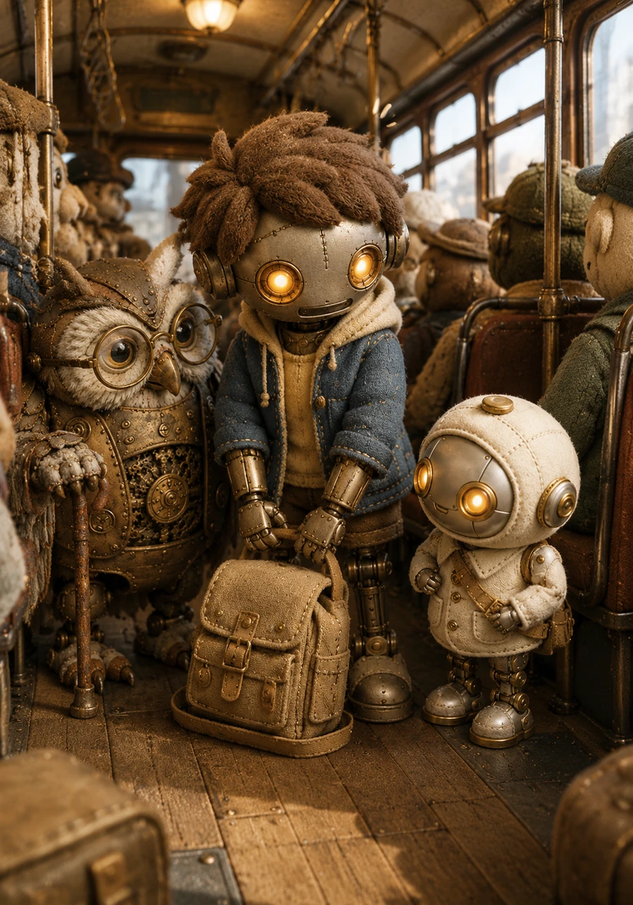 As the bus begins to hum, Pip realizes his bulky canvas satchel is taking up too much space in the crowded cabin. He quickly slips the straps off his shoulders and holds the bag down by his feet, ensuring he doesn't accidentally bump into his fellow travelers.