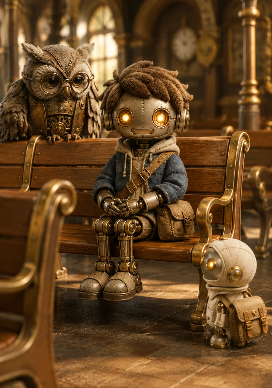 Pip finds an empty bench made of polished wood and brass and sits down neatly in a single spot. He keeps his mechanical legs tucked in close to his seat, being careful not to let his feet touch or scuff the back of the chair in front of him.