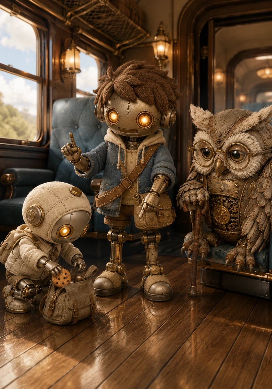 A small companion reaches for a snack, but Pip gently shakes his head and points to the pristine floor of the carriage. They decide to keep their treats tucked away, ensuring no crumbs or wrappers disturb the cleanliness of the shared space.