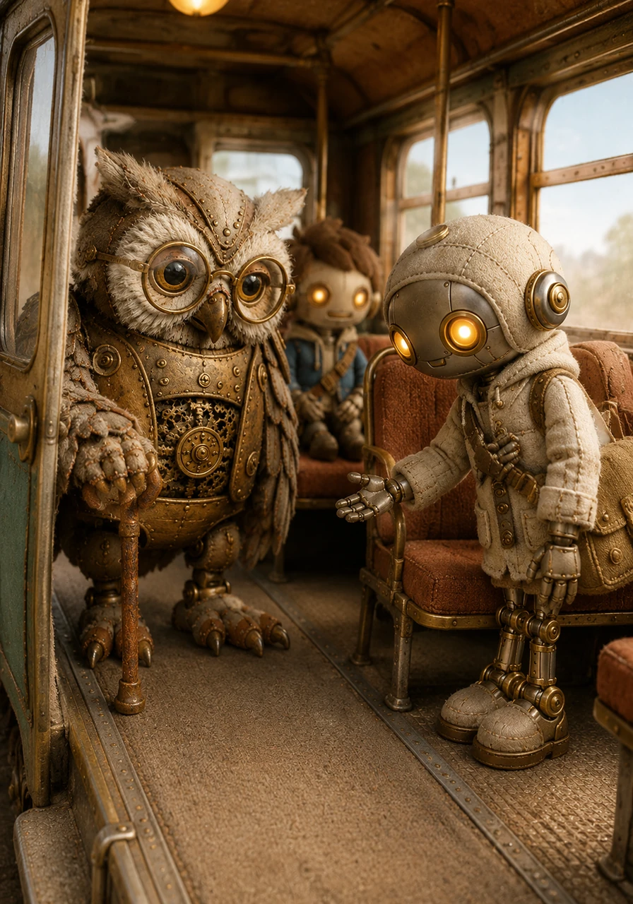 An elderly mechanical owl with a rusted cane boards the bus and looks around for a place to rest. Pip immediately stands up and gestures toward his seat, offering it with a polite bow and a warm glow from his optical sensors.