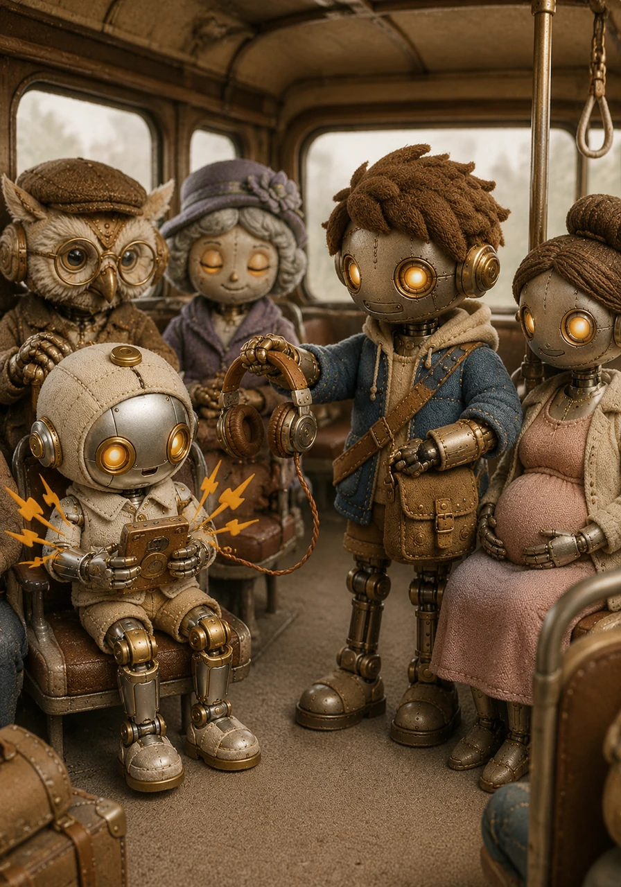 A young robot nearby starts to play a loud, buzzing melody from a handheld device that vibrates the air. Pip kindly reaches into his satchel and shares a pair of copper-wire headphones, showing how to enjoy the music without disturbing the quiet of the bus.