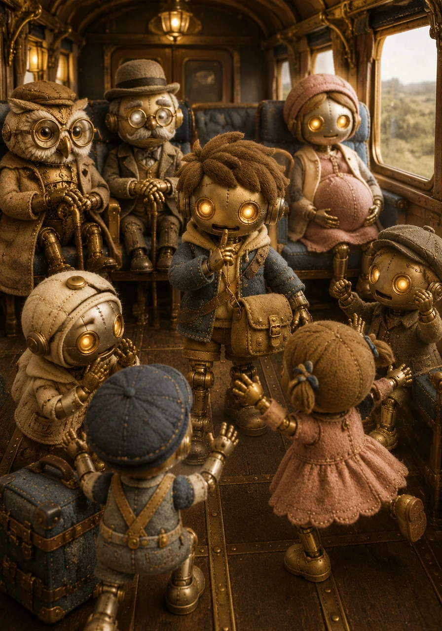 A group of excited clockwork children begins to chatter and jump around the moving carriage. Pip catches their attention and places a finger to his metallic lips, encouraging them to speak in soft whispers and stay safely in their spots.