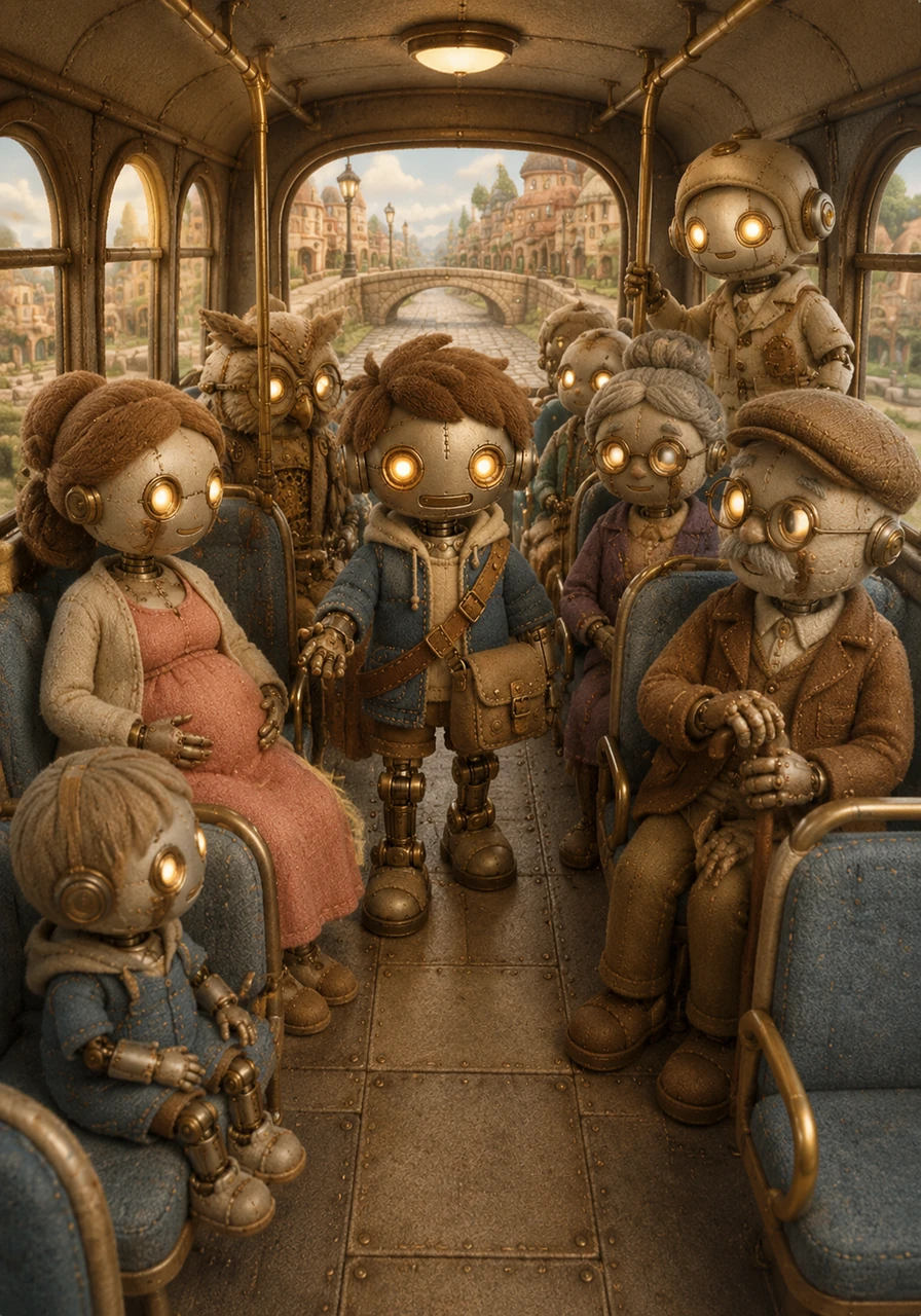 The bus rattles over a cobblestone bridge, and Pip looks around to see everyone following his lead, creating a harmonious and peaceful atmosphere. The once-crowded space now feels organized and welcoming, thanks to the simple rules of respect everyone is practicing.