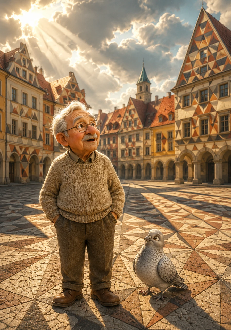 W tym samym momencie zza chmur wyjrzało słońce, a jego promienie oświetliły fasady kaliskich kamienic, rzucając na ziemię długie, trójkątne cienie. Ignacy rozejrzał się dookoła i ze zdumieniem dostrzegł, że dachy, okna, a nawet układ bruku na placu składają się z niezliczonych trójkątów. Całe miasto wydawało się teraz wielką, fascynującą księgą do geometrii.