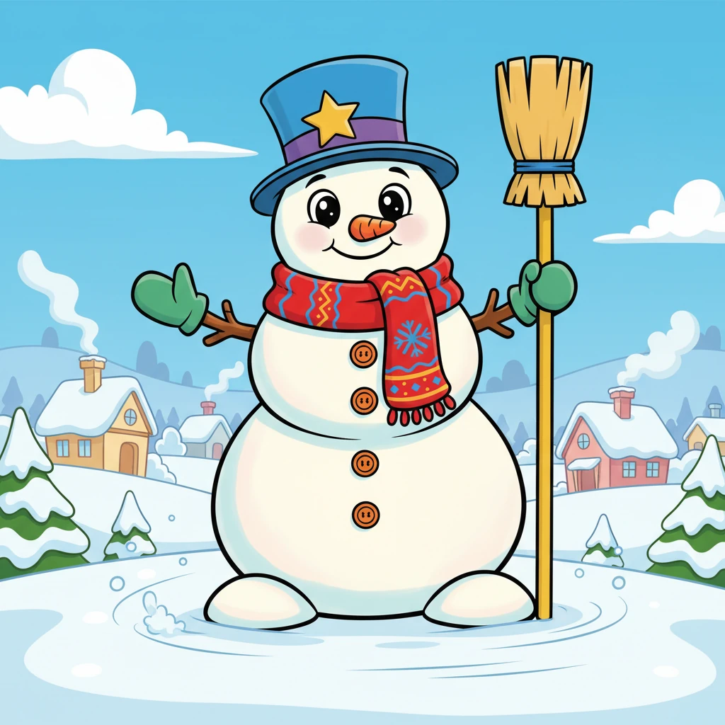 In a cozy, snow-dusted village nestled among rolling hills, a brand-new snowman stood tall. With a carrot nose, coal eyes, and a wide, friendly smile, he seemed to have just burst into life from the fresh winter snow. His vibrant blue hat, adorned with a golden shanyrak, sat jauntily on his head, and a warm red scarf was wrapped around his snowy neck.