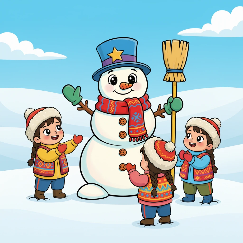 Soon, a group of cheerful Kazakh children, bundled in colorful national vests, discovered the new frosty friend. Their eyes sparkled with wonder and excitement as they gathered around, eager to say hello to the magnificent snowman. Аққала, feeling a warm glow in his snowy chest, waved a twig arm.