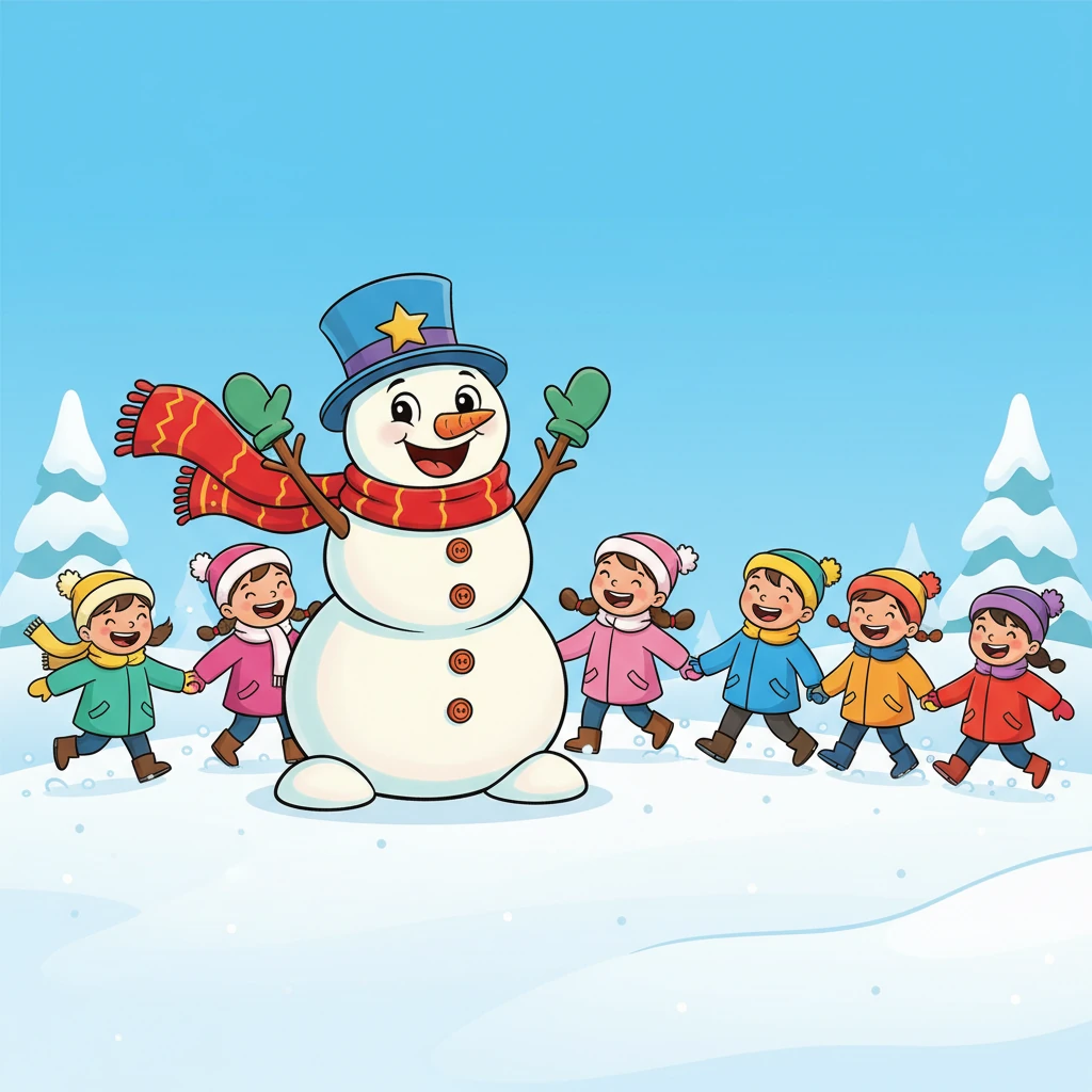 Laughter filled the crisp air as Аққала joined the children in a joyful game of 'Ak serek-Kök serek'. The children linked hands and ran, while Аққала, with his sturdy snow body, cheered them on with enthusiastic arm gestures, his scarf fluttering playfully in the breeze. It was a wonderful game of strength and friendship.