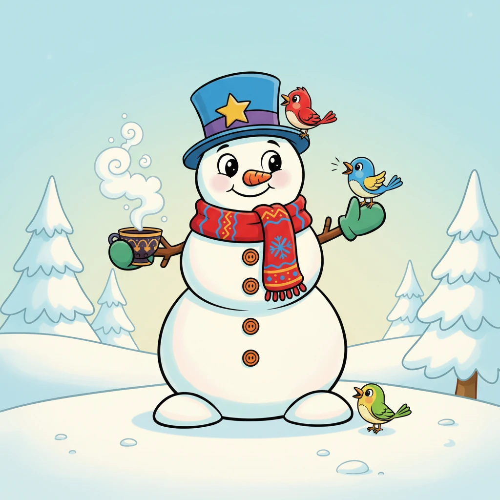 The next morning, Аққала, feeling a special warmth inside, symbolically shared a cup of steaming hot tea with his feathered friends. Tiny, colorful birds perched on his twig arms and hat, chirping happily as a little cloud of 'steam' rose from a symbolic teacup he held. It was a moment of quiet generosity and warmth.