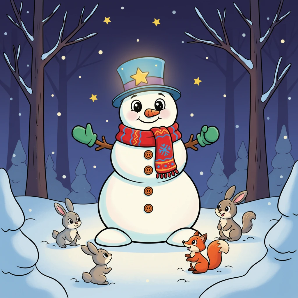 As winter deepened, Аққала remained, a steadfast and joyful guardian of the snowy forest. He watched over the sleeping trees and the playful animals, his hat glowing softly, his smile a constant beacon of friendship and warmth. He was the heart of the winter wonderland, forever smiling.