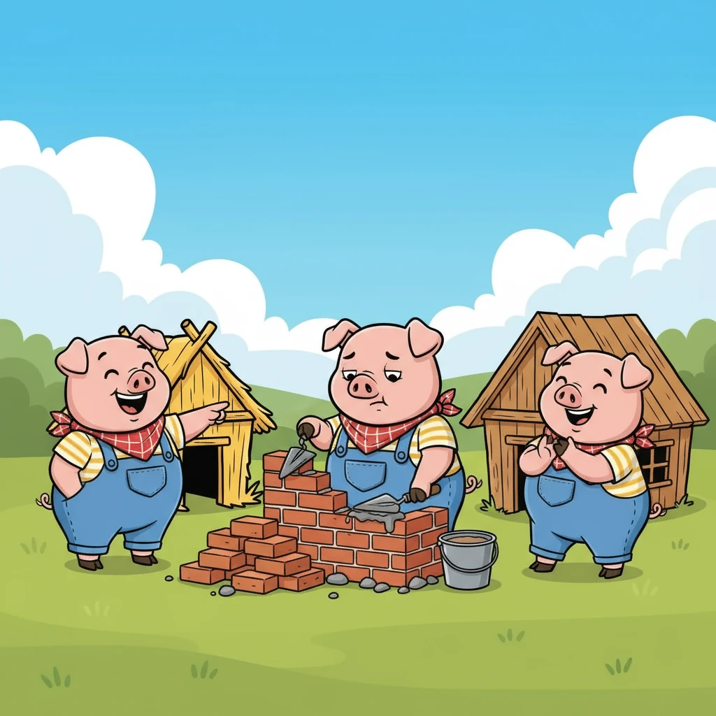 Prosciutto iniziò a costruire la sua casa con mattoni e cemento, un lavoro lungo e faticoso. I suoi fratelli, Pancetta e Salsiccia, costruirono le loro case più velocemente, una di paglia e l'altra di legno, ridendo del duro lavoro di Prosciutto.